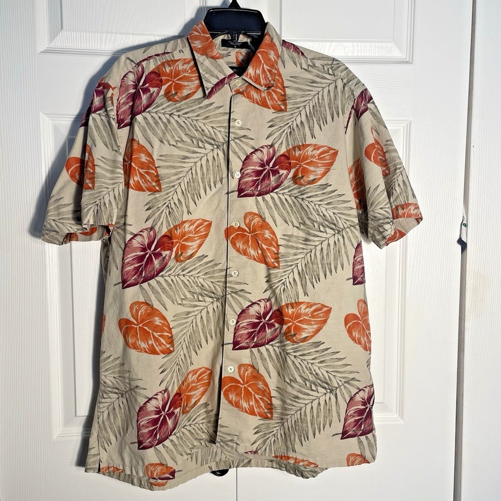 Nautica 100% Cotton Hawaiian Shirt Men L Tan Orange  Leaf Print Button Up Beach